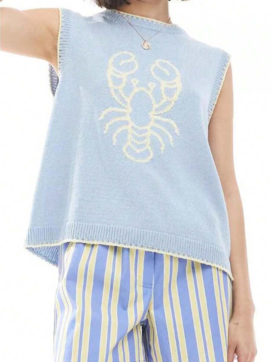 Women's Ribbed Knit Sweater Vest Cherry/Lobster Contrast Color Sleeveless Crew Neck Tank Tops - Sky Blue - View 1