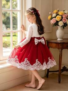 Vestido elegante de princesa para niña con mangas largas de encaje, cuello de malla y lazo, adecuado para la escuela, recital de piano y ocasiones formales, sin diadema - Burdeos - Ver 1