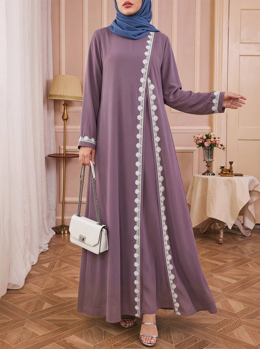 Đầm dài tay cổ tròn thanh lịch viền ren kiểu Ả Rập dành cho nữ, kiểu dáng kín đáo, thích hợp cho mùa xuân. - Bụi tím - Xem 1
