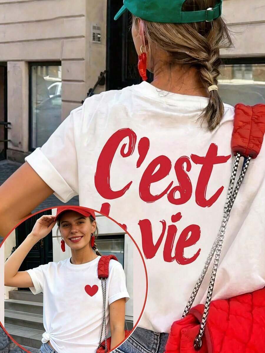 Women's Short-Sleeved T-Shirt With Front And Back Print, European And American Style Letter Design, Round Neck, Loose Fit Top, Sexy, Sweet And Cute For Summer/Spring, Simple And Fashionable Design T-Shirt, Suitable For Dates And Dinners, Urban Style For Women, Casual Short-Sleeved Graphic T-Shirts For Easter, Mother's Day And The 2026 World Cup, Breathable And Comfortable. - 白色 - 查看 1