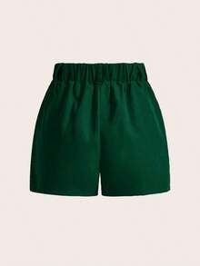 Pantalones cortos casuales sueltos con bolsillos y pliegues de unicolor para mujer - Verde Oscuro 2 - Ver 2