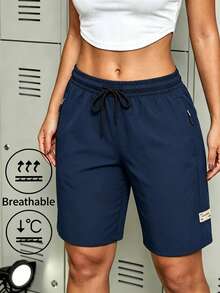 Quần short nữ, quần short mùa hè màu trơn, nhanh khô, có túi khóa kéo, quần thể thao thường ngày. - Rửa tối - Xem 1