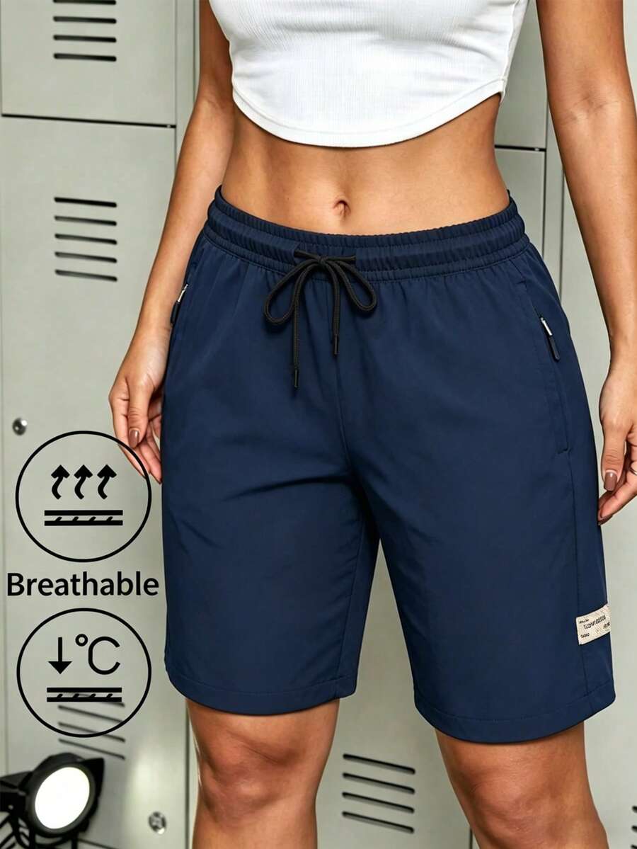 Quần short nữ, quần short mùa hè màu trơn, nhanh khô, có túi khóa kéo, quần thể thao thường ngày. - Rửa tối - Xem 1