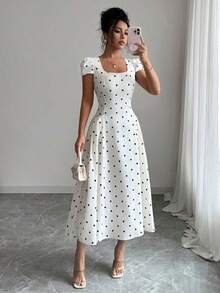 Vestido largo de mujer con cuello cuadrado, manga corta, plisado en la cintura y estampado de lunares elegante - Azul marino - Ver 11