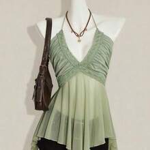 ICON Women's Cross Backless Asymmetrical Animal Print Mesh Patchwork Tank Top - verde menta - Ver 1