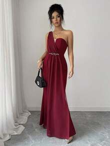 Elenzya Vestido elegante y romántico para mujer con escote asimétrico, cintura ceñida, bajo de cola de pez, decoración de perlas, adecuado para fiestas y reuniones - Burdeos - Ver 7