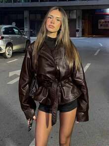 Chaqueta ligera con cuello de solapa y cinturón de piel sintética para mujer SHIBASHAN, abrigo de manga larga de piel sintética de moda color negro - Marrón - Ver 5