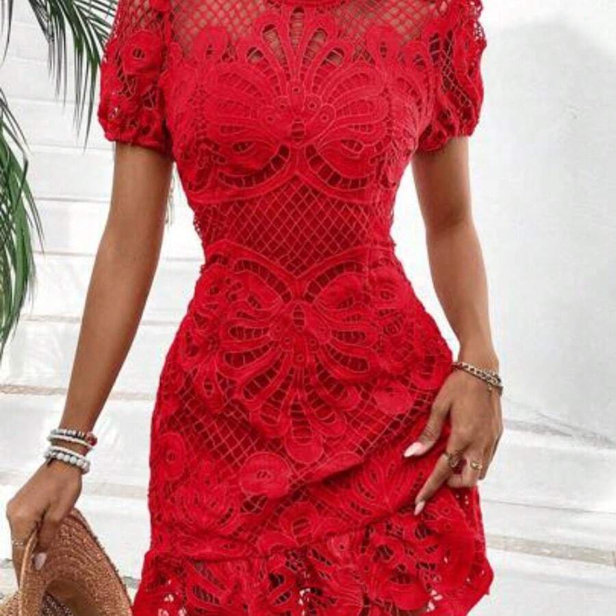 Women's Stand Collar Short Bubble Sleeve Hollow Out Dress For Holiday Party Clothes Lace Women Outfit - Rojo - Ver 1