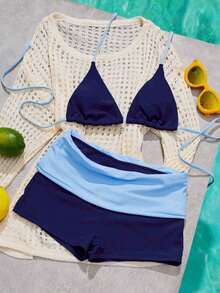 Conjunto de bikini para mujer, traje de baño para playa/gimnasio, vacaciones de verano - Azul oscuro - Ver 6