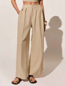 Conjunto de pantalones de cintura alta de verano, pantalones de pierna ancha con cintura alta y pliegues, pantalones sueltos y de pierna larga - Caqui 2 - Ver 3