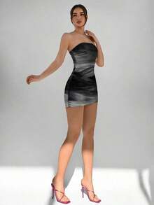 Vestido casual, elegante y sexy de estampado abstracto marrón café, tipo bandeau y ajustado, apropiado para el verano, vacaciones y fiestas - Gris Oscuro - Ver 3