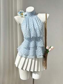 Blusa elegante sin mangas con cuello de tortuga, volantes y lunares para el verano - Azul - Ver 5