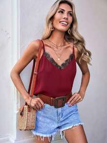 Camiseta de mujer de unicolor con encaje de contraste, suelta.Outfit casual de mujer, ideas de outfit, de outfit, outfits de verano de mujer, blusas de mujer para el verano, top de verano de mujer, top marrón de tirantes - Burdeos - Ver 4