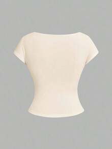 4 piezas Camisetas ajustadas de cuello redondo de unicolor con contraste, con espalda descubierta y calada, adecuadas para primavera/verano, carnaval, de manga corta, básicas, de mujer - Multicolor 2 - Ver 4