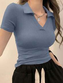 Camiseta polo de manga corta de ajuste ceñido para mujer, unicolor de verano - Azul - Ver 5