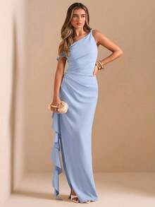 de dama de honor de otoño/invierno, vestido largo elegante con pliegues, abertura alta, volantes y hombros oblicuos con nudo retorcido y sin tirantes, sexy para fiestas - Celeste - Ver 7