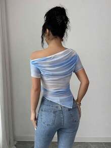 Camiseta de manga corta con hombros oblicuos y estampado de teñido anudado para mujer - Azul y blanco - Ver 2