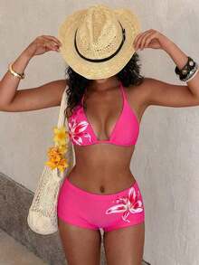 Traje de baño con estampado floral de moda: Top de bikini tipo camiseta con estampado de loto negro + Bottom de traje de baño de talle alto - Conjunto de traje de baño elegante y cómodo para vacaciones de verano, playa y uso en resort en color rojo - Rosa Fucsia - Ver 8