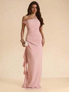 de dama de honor de otoño/invierno, vestido largo elegante con pliegues, abertura alta, volantes y hombros oblicuos con nudo retorcido y sin tirantes, sexy para fiestas - Rosa Pálido - Ver 8