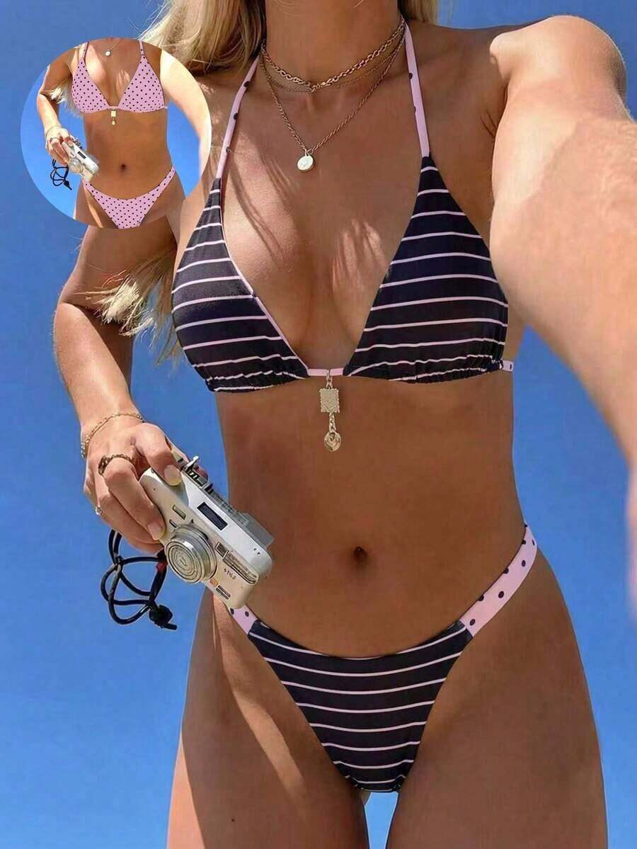 Conjunto de bikini reversible con estampado de lunares en contraste, con escote halter y nudo en la espalda, de estilo dulce y sexy, para vacaciones en la playa - Multicolor 3 - Ver 1