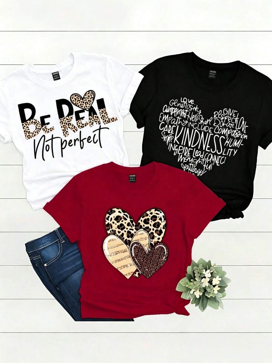 Women's T-Shirt Pack, Single Garment, Not A 3-Piece Set, 1 Piece/Set Of Short-Sleeved T-Shirts Suitable For Streetwear, Oversized Round Neck Top For Daily Outings, Camping, Concerts, Hip-Hop, Rock, And Rap Events, Comfortable, Casual Women's Clothing, Short-Sleeved T-Shirts, Women's Fashion, Versatile Garments, Modern Styles. - 黑色 - 查看 1