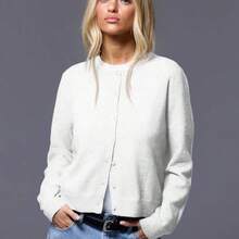Button Up Crew Neck Cardigan For Spring Y2K 90's Casual Cute Oversized Tee Airport Outfits Fall Back To School Autumn Winter Everyday Christmas Work Office - Blanco - Ver 2
