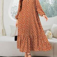 Najma Women Spring Casual Vacation Lantern Sleeves Loose Dress With Floral Print, Ruffle Hem And Small Flower Print, Modest - Marrón - Ver 1