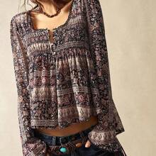 BohoFeels Easter Musical Festival BOHO Woven Printed Flare Long Sleeve Loose Women Shirt - Negro - Ver 6