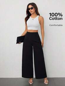 Pantalones anchos de cintura alta con textura, moda casual sencilla para la temporada de vuelta al colegio, estilo de dinero viejo para ir y venir - Negro - Ver 11