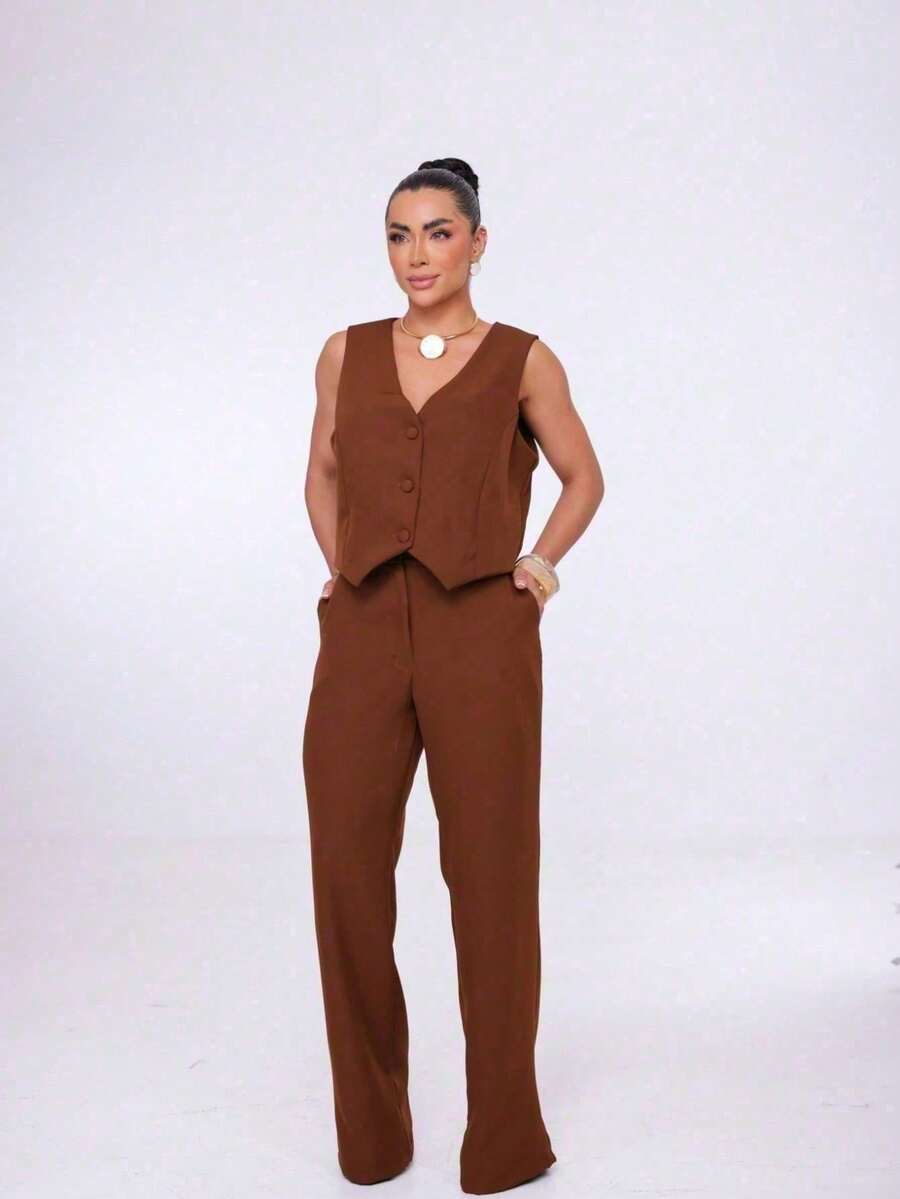 Wide-Leg Pants By Alntaria Risco Calca111114 - Rust Brown - View 1