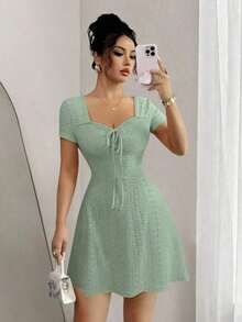 Nuevo vestido de verano con cuello cuadrado, cordón y lunares, con falda acampanada y cintura ceñida, vestido corto elegante para mujeres - Verde - Ver 7