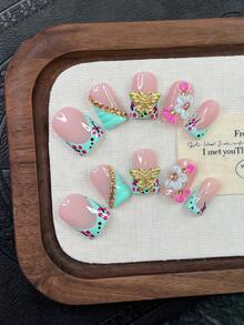 10pcs Y2K Nails Square Press On Nails Set - Handcrafted, Pink Nails, Blue Nails, Blue French Tip Nails, Handmade 3D Flowers, 3D Blue Flowers And 3D Pink Flowers Nail Art, Hand Drawn Pink Little Flowers And Black Polka Dot Design - Multicolor - View 12