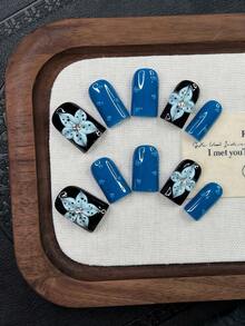 10pcs Y2K Nails Square Press On Nails Set - Handcrafted, Black Nails, Blue Nails, Handmade 3D Flowers Design, 3D Blue Flowers Nail Art, Hand Drawn 3D Water Droplet Pattern And Black Polka Dot Flowers Design, Sparkling Rhinestone Decoration, Delicate Graceful Nails - Perfect For Parties & Casual Attire - Multicolor - View 12