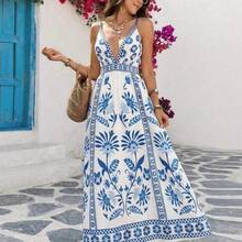 Vacation, traje de vacaciones, traje de verano, vestido romántico con estampado floral blanco y azul para mujer Vestidos boho para mujer Traje de Santorini para mujer Ropa de resort Vestido de vacaciones para mujer Vestidos largos de verano para mujer Vestidos de picnic para mujer Vestidos elegantes de verano para mujer - Azul y blanco - Ver 11