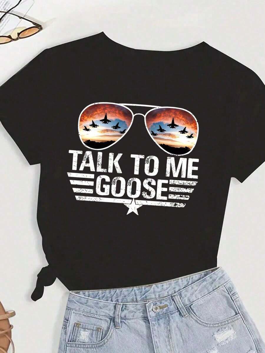 Camiseta de Mujer con Estampado de Ganso, Camisetas Gráficas Versátiles de Navidad, Moda Holgada Casual Deportiva de Verano, Cuello Redondo, Manga Corta, Tops para Mujer, Camiseta Holgada, Casual y Versátil, Camiseta Y2k, Camisa de Mujer - Negro - Ver 1