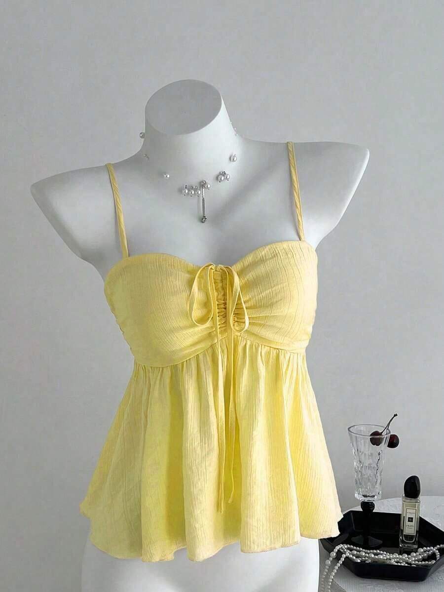 Camiseta de tirantes con volantes de unicolor lindo para damas, ropa de verano para la universidad - Amarillo - Ver 1