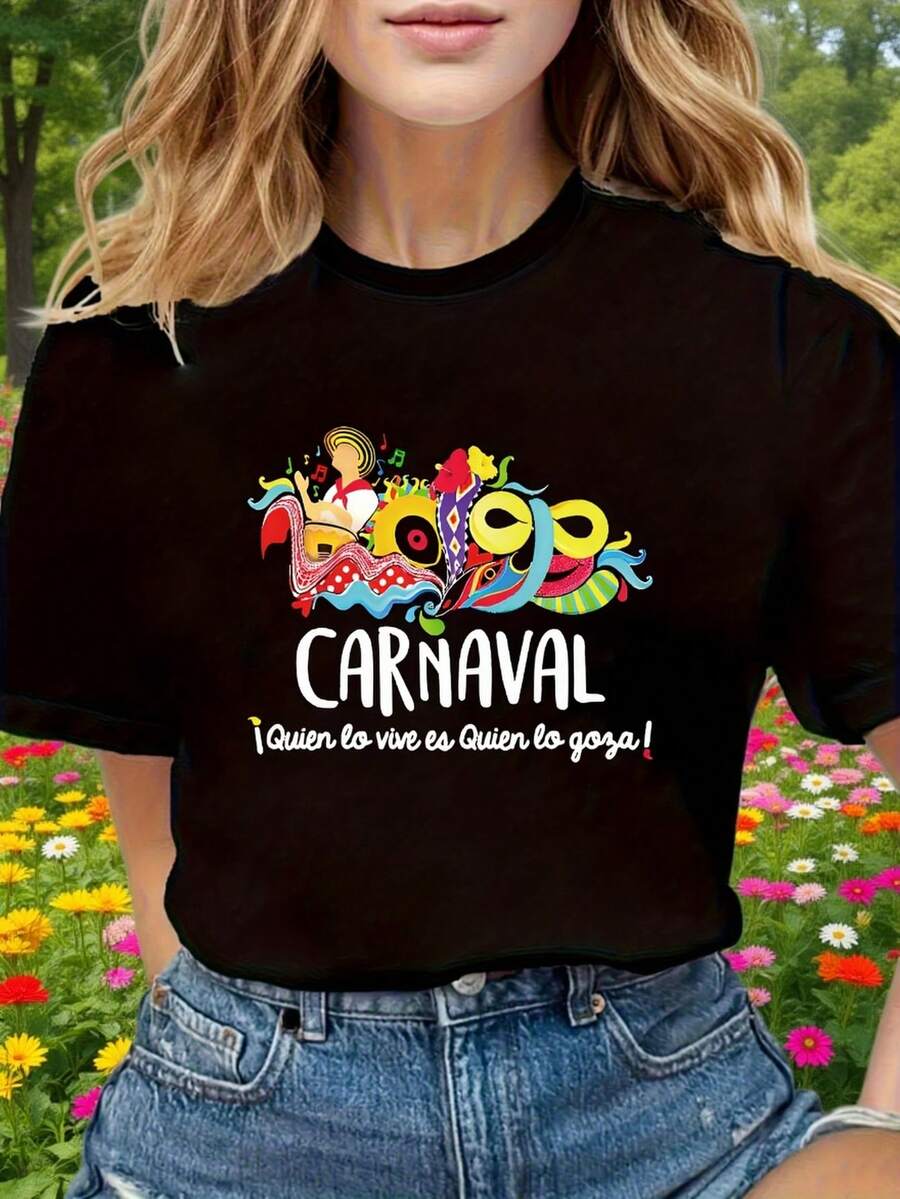 Alegría de la camiseta de impresión gráfica del carnaval, manga corta cuello de la tripulación top casual para el verano y la primavera, ropa de mujer