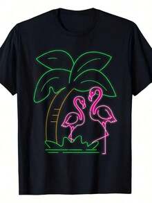 Camisetas de verano para mujer - Camiseta con estampado tropical de flamencos y palmeras - 220 g/m² de peso pesado, 100% estampado retro en rosa neón y verde, suave y transpirable, manga corta, cuello redondo, ropa casual de playa para verano, corte unisex, lavable a máquina, camiseta ligera para hombre y mujer. - Negro - Ver 1