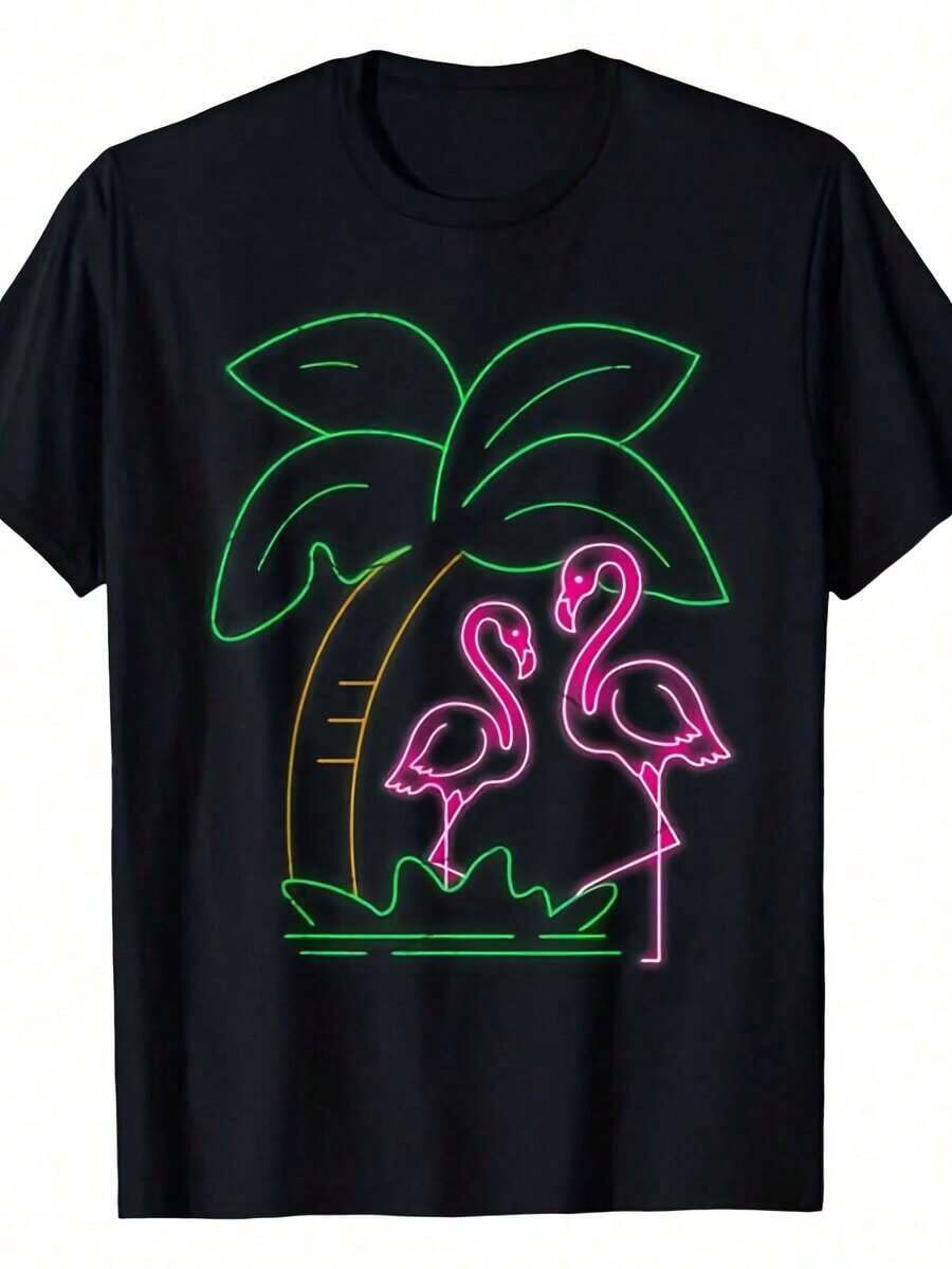 Camisetas de verano para mujer - Camiseta con estampado tropical de flamencos y palmeras - 220 g/m² de peso pesado, 100% estampado retro en rosa neón y verde, suave y transpirable, manga corta, cuello redondo, ropa casual de playa para verano, corte unisex, lavable a máquina, camiseta ligera para hombre y mujer. - Negro - Ver 1