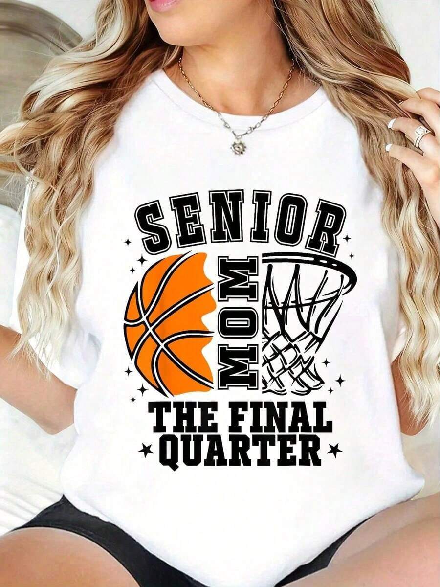 Women's T-Shirts: Graphic Tee "Mother Of Class Of 2026 Graduate: Basketball - The Final Quarter," Casual Women's Graphic Print Tee, Short Sleeves, Crew Neck, 100% Cotton. The Perfect Choice For Vacations And Year-Round Wear. Summer Tees. - 白色 - 查看 1