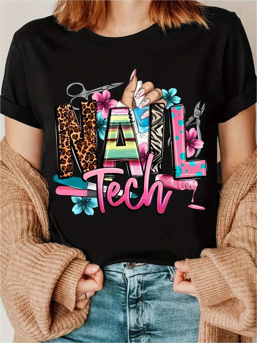 Leopard Print T-Shirt For Nail Artists - Clothing For Nail Technicians And Beauty Enthusiasts, Casual Summer Crew Neck T-Shirt With Nail Design, Perfect Gift For Nail Artists (Machine Washable). Unisex Style For Men And Women - 黑色 - 查看 1