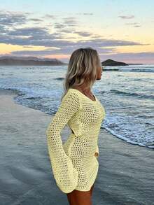 Vestido corto de playa de manga larga, transparente y con espalda descubierta, de unicolor y sexy para mujer, ideal para vacaciones de primavera/verano - Amarillo claro - Ver 8