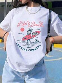 Women's T-Shirt With Coastal Cowgirl And Surfboard Print, Tropical Design Summer T-Shirt, Ideal For Beachwear And Holidays - 白色 - 查看 8