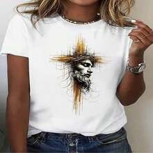 Women's 100% Cotton T-Shirt, Round Neck, Short Sleeve With Jesus Print - Vintage Urban Style, Unisex, Loose Fit, Cotton, Round Neck, Short Sleeve, Women's Blouses, Women's T-Shirts, Casual Blouses For Ladies. - 白色4 - 查看 4