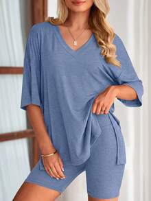PRETTYGARDEN Women's Summer Clothes 2 Piece Sets Lounge Set Casual Oversized Shirts Biker Shorts Matching Airport Travel Sweatsuit Set Women Vacation Outfit Summer Brunch Outfits For Women - 灰藍 - 查看 4