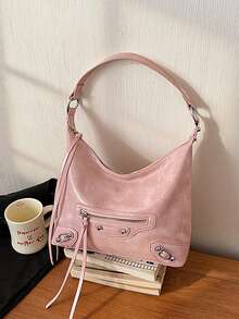 Fringe Rivet Motorcycle Style Underarm Bag, Women's New Large Capacity Tote Bag, Sweet & Cool One Shoulder Bag - Pink - View 7