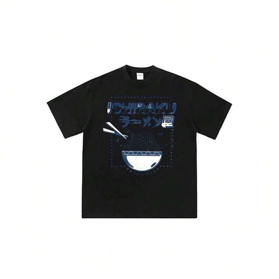 Unisex Retro Style T-Shirt With Anime And Cartoon Print Of Narutos Ichiraku Ramen Shop, Loose Fit And Casual Summer Style. - 黑色 - 查看 1