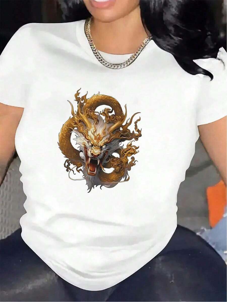 Loose, Lightweight, And Durable Short-Sleeve T-Shirt With A Gold Dragon Design, Perfect For Casual Wear At Home, In Restaurants, Or Outdoors, Offering A Comfortable Fit For Everyday Use. This Women's Cotton T-Shirt Is Breathable, Sweat-Wicking, And Ideal For Summer. - [白色的] - 查看 1