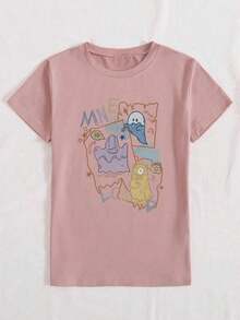 Camiseta gráfica de manga corta con cuello redondo y estampado de monstruos casual para mujer - Rosa Pálido - Ver 3