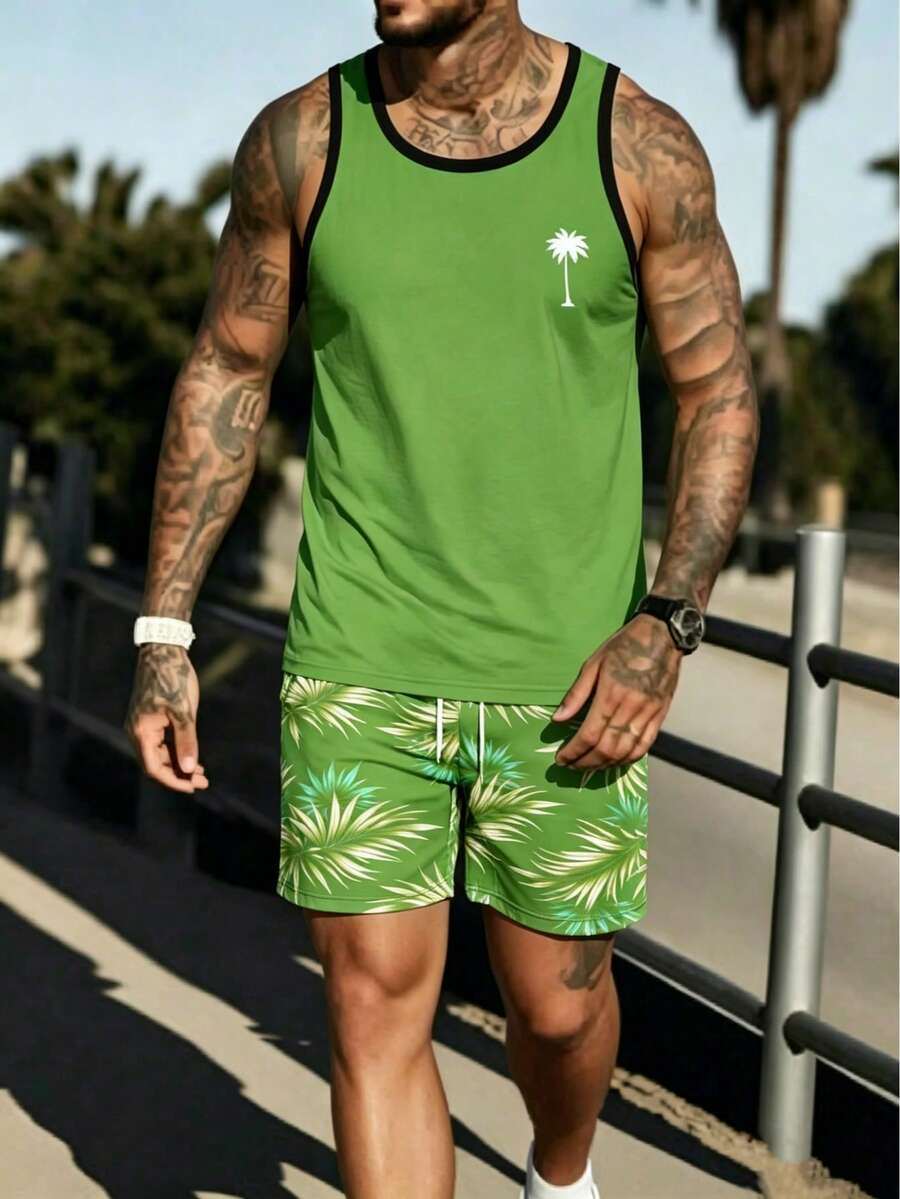Bộ áo tank top không tay và quần short nam - màu xanh lá - Xem 1